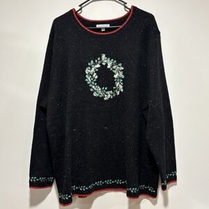 North Style Christmas Sweater Womens 2x Black Embroidered Holly Mistletoe Wreath